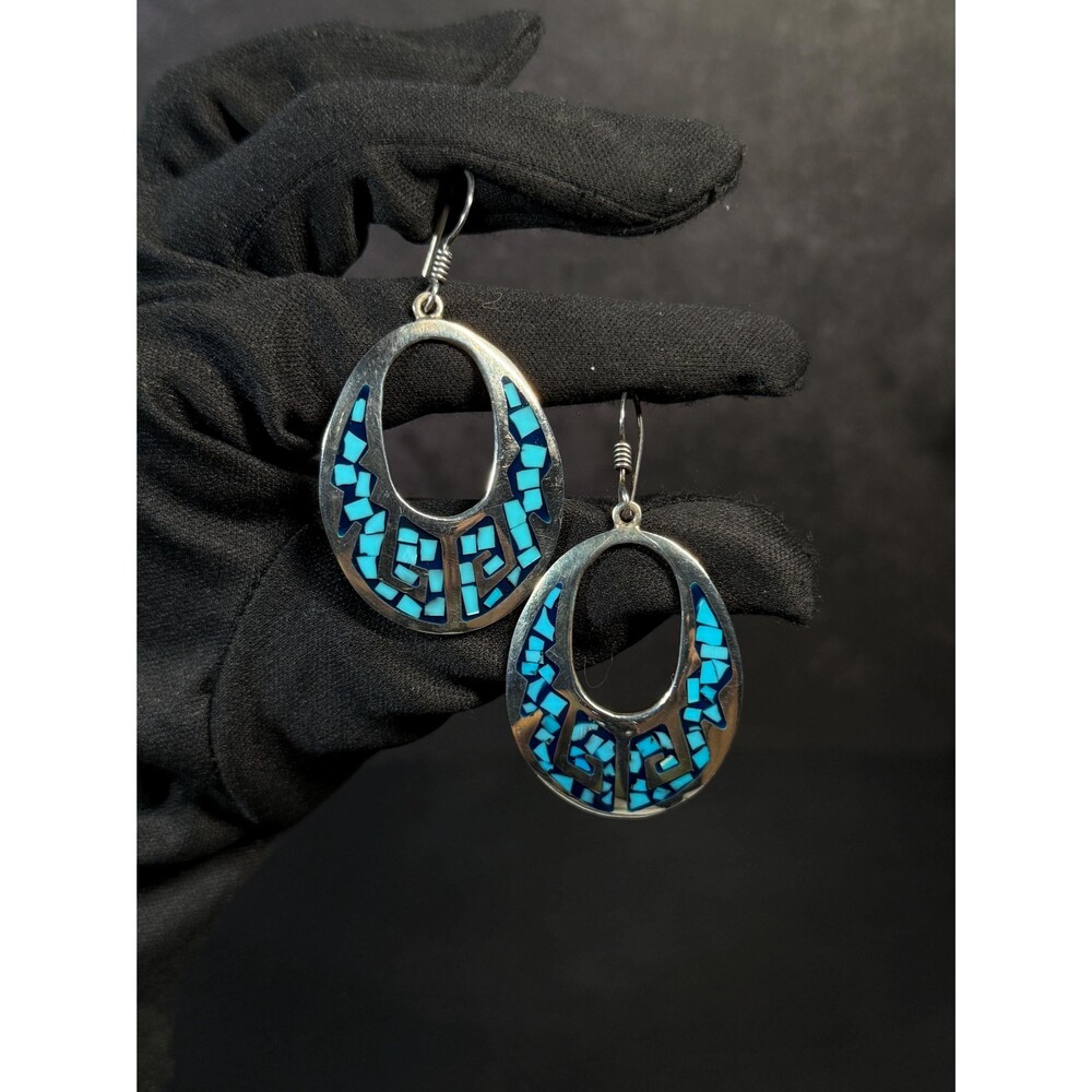 Taxco Sterling Silver Turquoise Chip Inlay Dangle Earrings TC-29